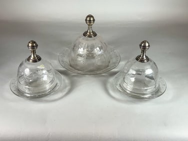 THREE CUT CRYTAL AND STERLING SILVER DOMES 8.5" X 8.5" AND 7.25" X 6.5"