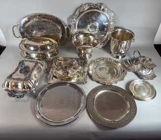 LARGE LOT VINTAGE/ANTIQUE SILVERPLATE 18" X 14" AND SMALLER
