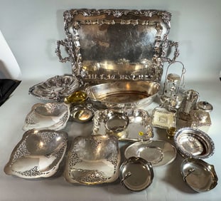 LARGE LOT VINTAGE/ANTIQUE SILVERPLATE 27" X 16" AND SMALLER