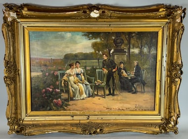 OIL ON CANVAS OF A COURTSHIP SCENE BY A. MOREAU, 38" X 30" FRAMED AND 28" X 19" SIGHT