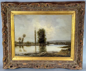 OIL ON CANVAS IMPRESSIONIST RIVERSCAPE SIGNED J. BROWN, 23" X 18" FRAMED AND 16" X 11.5" SIGHT
