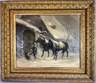 VICTORIAN OIL PAINTING OF HORSES IN WINTER SIGNED JJ 1895, 31.5" X 37.5" FRAMED AND 22.5" X 27"