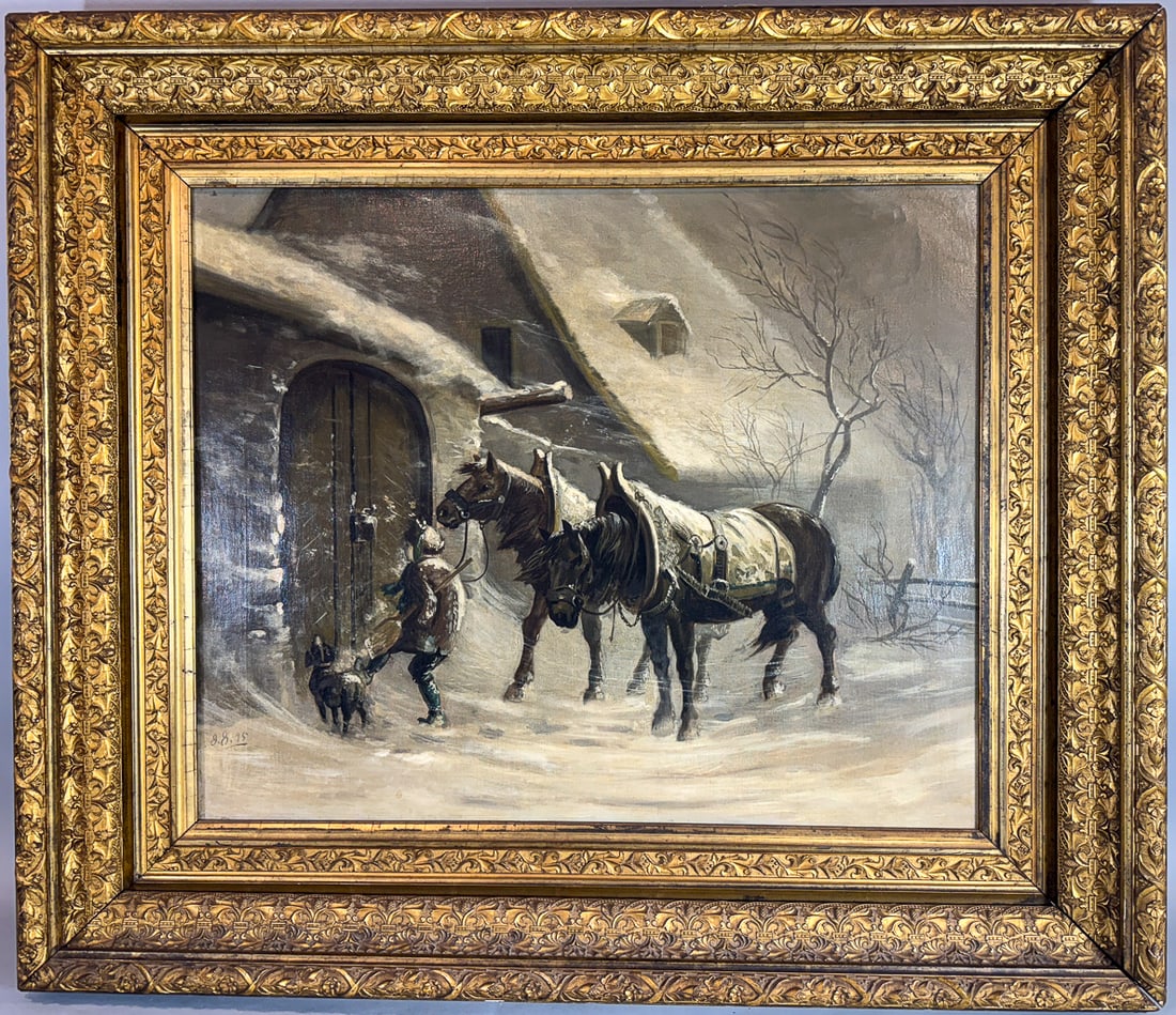 VICTORIAN OIL PAINTING OF HORSES IN WINTER SIGNED JJ 1895, 31.5" X 37.5" FRAMED AND 22.5" X 27" (1 of 7)