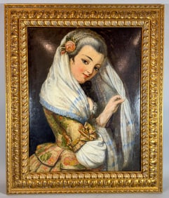 DECORATIVE PAINTING ON BOARD OF A EUROPEAN WOMAN, 26" X 32" FRAMED AND 18" X 23" SIGHT