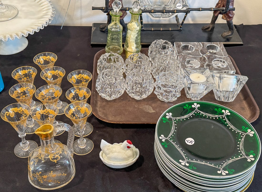 TRAY LOT OF GLASSWARE, INCLUDING DESIGNER VOTIVES AND TIFFANY GOLD ENCRUSTED CORDIAL SET (1 of 8)