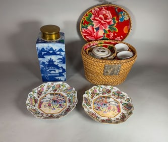MOTTAHEDEH BLUE CANTON JAR, TWO CHINESE CHARGERS, AND A CHINESE TEA SET IN BASKET