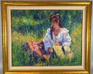 OIL PAINTING OF A WOMAN IN A FIELD