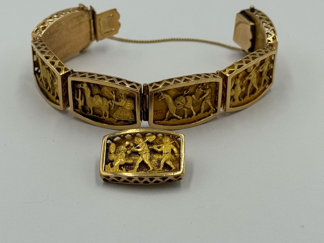 18K GOLD PERUVIAN BRACELET AND PIN SET, 77.4 GRAMS (1 of 7)