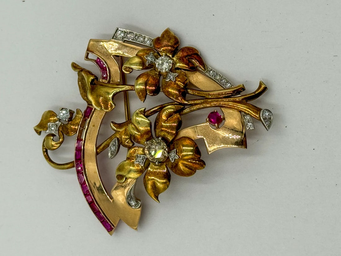 14K GOLD DIAMOND AND RUBY PIN, 14.3 GRAMS. MISSING 3 RUBY BAGUETTES (1 of 3)