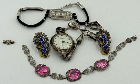 2 VINTAGE STERLING SILVER DECO WATCHES AND A STERLING SILVER DECO BRACELET AND EARRINGS