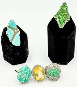 5 STERLING SILVER AND GEMSTONE RINGS