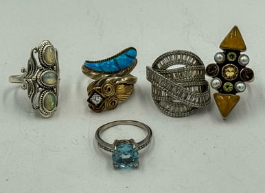 5 VERMEIL AND GEMSTONE RINGS