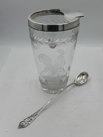 ART DECO STERLING SILVER AND CRYSTAL MARTINI SHAKER W/ ROOSTER AND SPOON