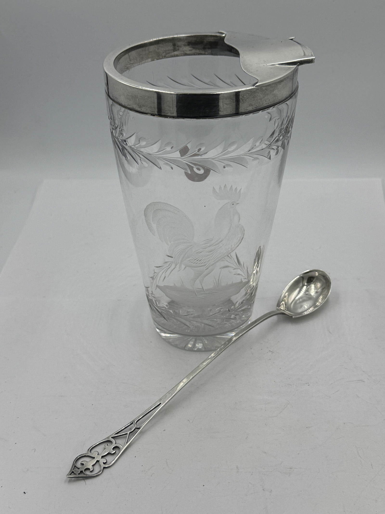 ART DECO STERLING SILVER AND CRYSTAL MARTINI SHAKER W/ ROOSTER AND SPOON (1 of 8)