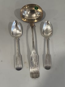 COIN SILVER LADLE AND SERVING SPOONS