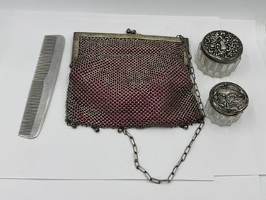 STERLING SILVER PURSES AND 2 PASTE JARS