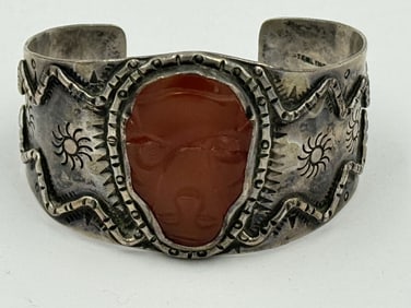 JO MICHELS STERLING SILVER CUFF W/ CARVED CARNELIAN