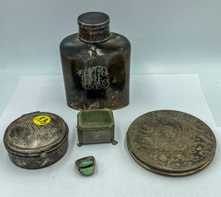 A STERLING COMPACT BOX AND RING AND A SILVERPLATED FLASK AND BOX