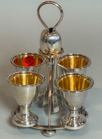 19TH CENTURY SHEFFIELD HARD BOILED EGG COZY W/ SPOONS, 8" X 6" X 6"