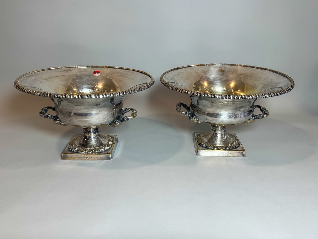 A LARGE PAIR OF ANTIQUE SHEFFIELD PLATE CONSOLE BOWLS W/ BACCHUS, 12.5" DIAMETER X 8" TALL (1 of 5)