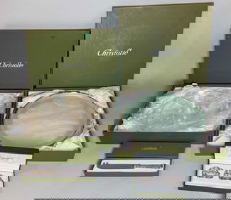 4 BOXED CHRISTOFLE ITEMS INC. KNIFE, SALTS, 2 TRAYS. 14" X 14" AND SMALLER