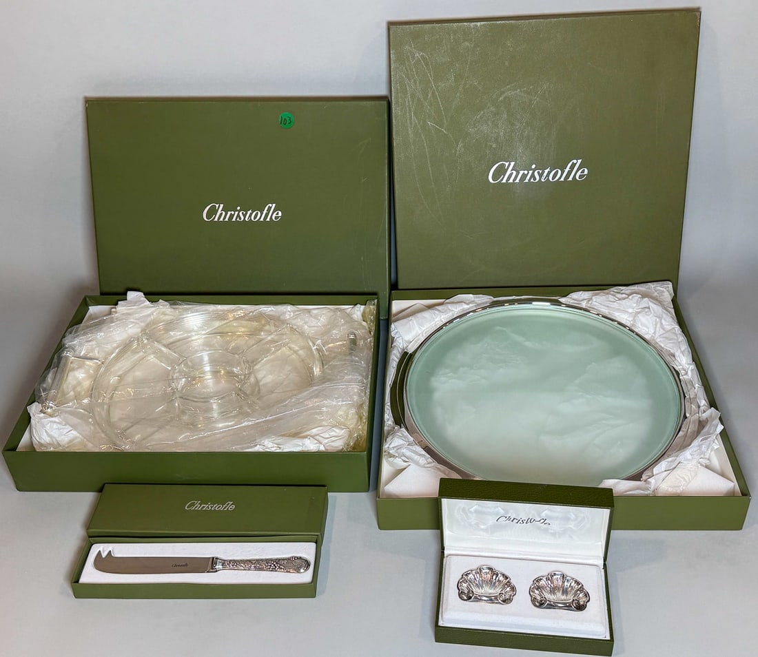 4 BOXED CHRISTOFLE ITEMS INC. KNIFE, SALTS, 2 TRAYS. 14" X 14" AND SMALLER (1 of 6)