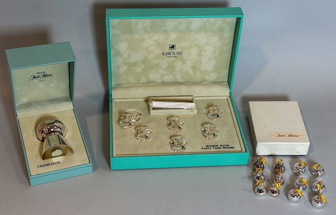 ERCUIS MIB CARD HOLDERS, A CHAMPAGNE STOPPER, AND ST. HELAIRE APPLE AND PEAR PLACECARD HOLDERS: ERCUIS MIB CARD HOLDERS, A CHAMPAGNE STOPPER, AND ST. HELAIRE APPLE AND PEAR PLACECARD HOLDERS