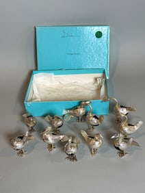 11 TAXCO? SILVER AND ONYX BIRDS IN A TIFFANY BOX, 3" X 3" AND SMALLER