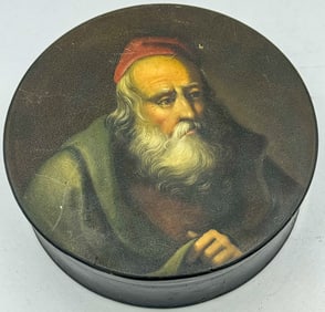 A 19TH CENTURY RUSSIAN LACQUERWARE BOX W/ PAINTING OF A RABBI?, 4.75" X 2"