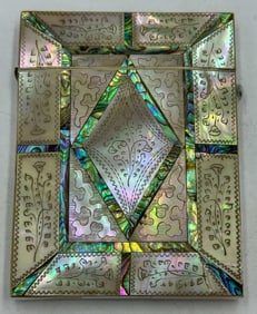 19TH CENTURY MOP AND ABALONE CARD CASE W/ INCISED DECORATION, 4.125" X 3.125". MISSING TILE ON ONE