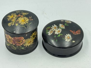 2 HAND PAINTED RUSSIAN LACQUERWARE BOXES W/ FLORAL MOTIF, 3" X 3.25" AND 1.5" X 3.75"