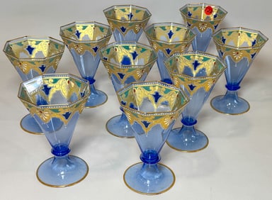 10 SALVIATI ENAMELED BLUE ART GLASS GOBLETS, 3.75" X 6"