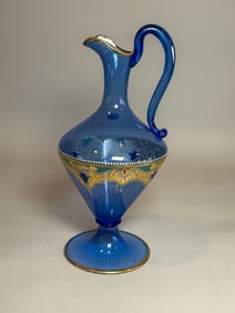 A SALVIATI ENAMELED BLUE ART NOUVEAU GLASS DECANTER, 6.5" X 13"