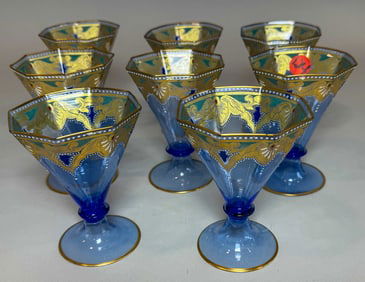 8 SALVIATI ENAMELED BLUE GLASS WINES/PARFAITS, 4.5" X 3.25"