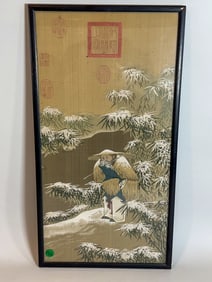 CHINESE SILK EMBROIDERY PANEL OF A MAN IN SNOWY LANDSCAPE W/ 5 RED SEALS. 12" X 22.5"