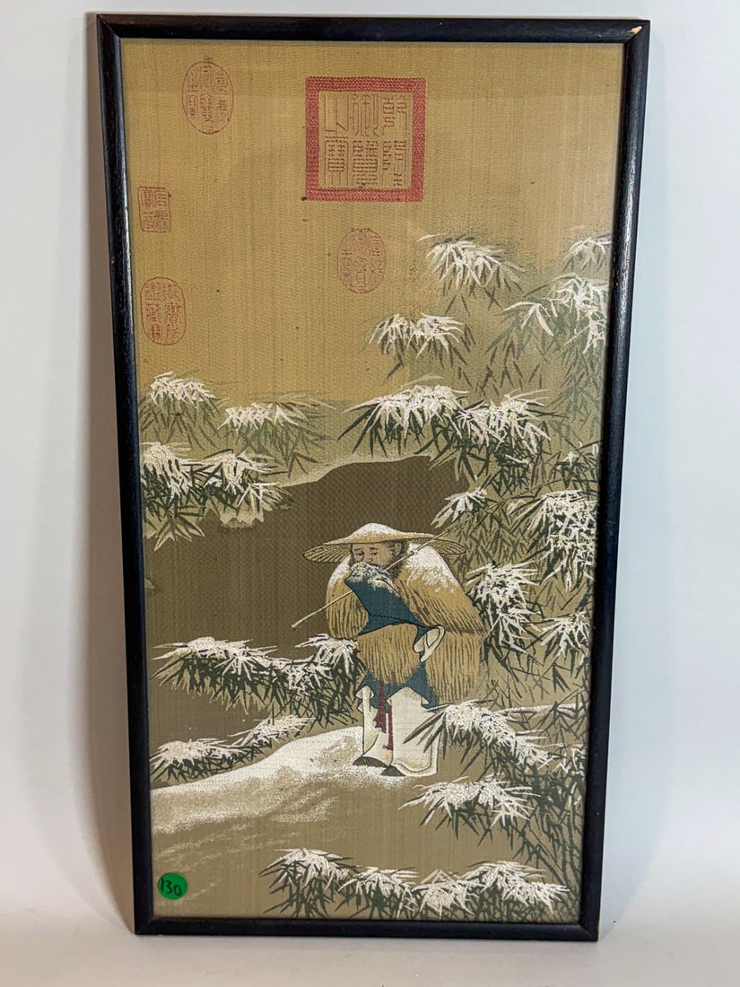 CHINESE SILK EMBROIDERY PANEL OF A MAN IN SNOWY LANDSCAPE W/ 5 RED SEALS. 12" X 22.5": CHINESE SILK EMBROIDERY PANEL OF A MAN IN SNOWY LANDSCAPE W/ 5 RED SEALS. 12" X 22.5"