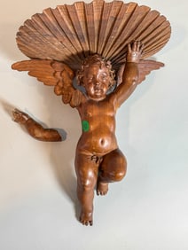 A CARVED MAHOGANY/WALNUT WINGED CHERUB SHELF, 19TH C. ITALIAN HAND CARVED. 13" X 9" X 11"