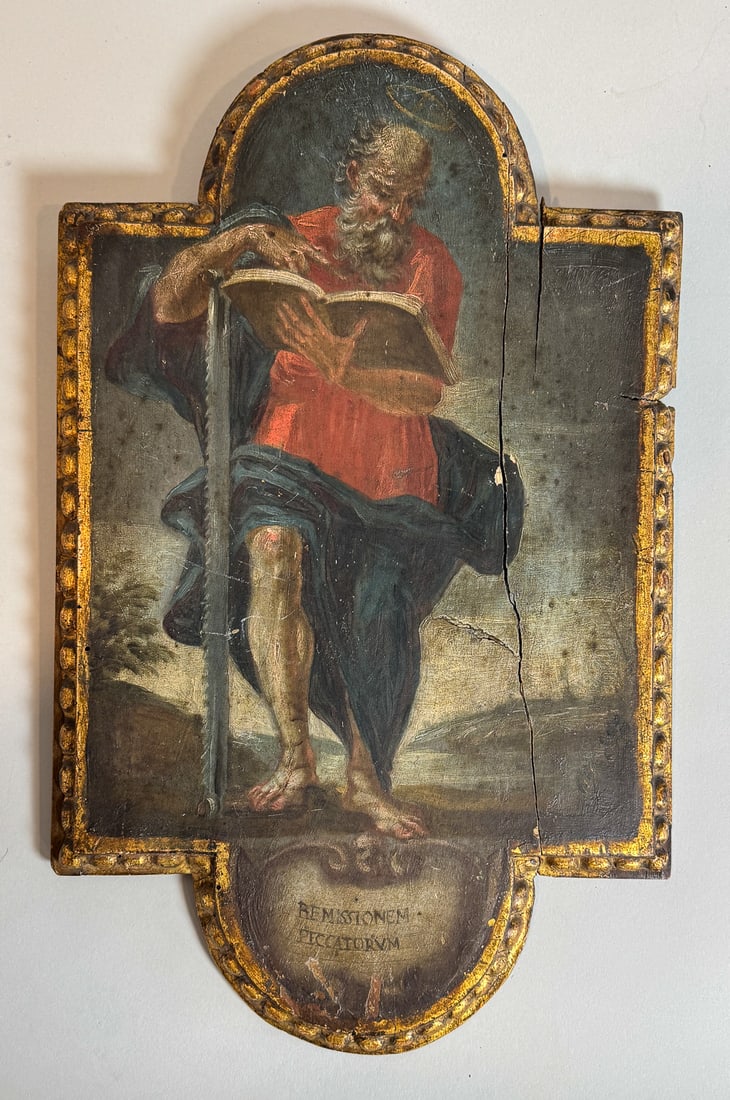 17TH CENTURY PORTRAIT OF ST. JEROME TRANSLATING THE OLD TESTAMENT, TEXT AT BOTTOM READS "REMISSION (1 of 8)