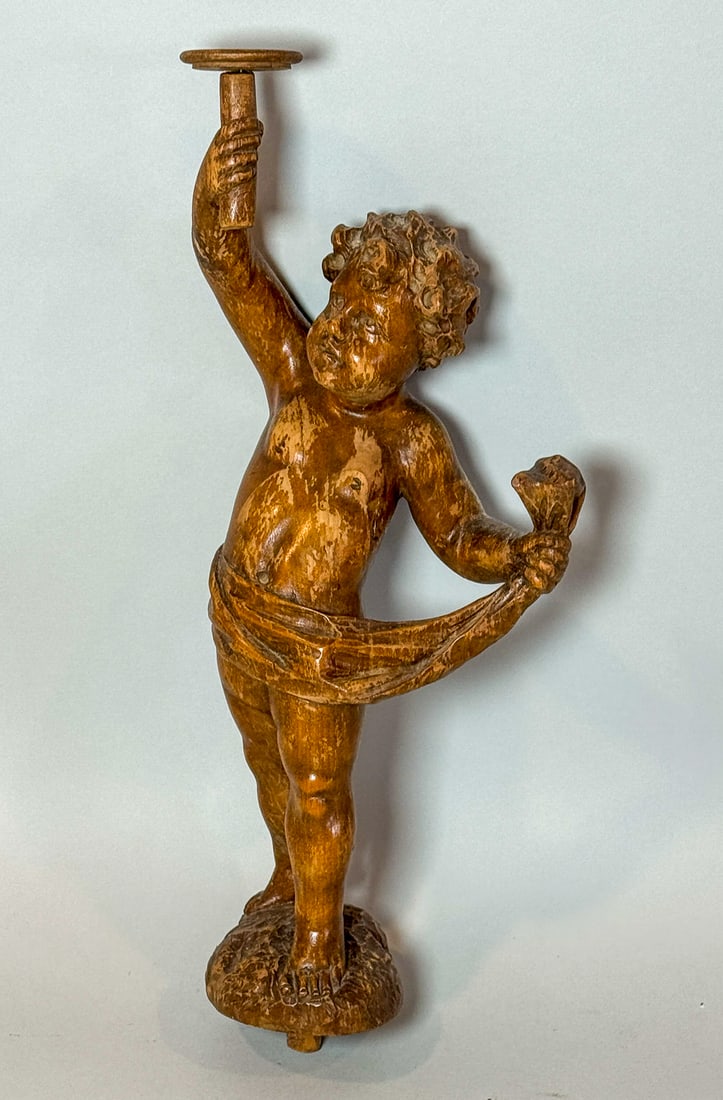 19TH CENTURY CARVED ITALIAN CANDLE PRIG 15" X 6"X 4": 19TH CENTURY CARVED ITALIAN CANDLE PRIG 15" X 6"X 4"