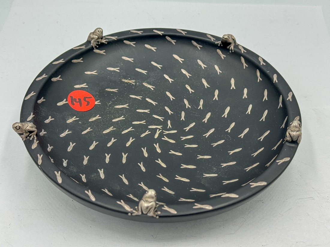 EMILIA CASTILLO DISH W/ SILVER TADPOLES AND FROGS, 7" DIAMETER: EMILIA CASTILLO DISH W/ SILVER TADPOLES AND FROGS, 7" DIAMETER