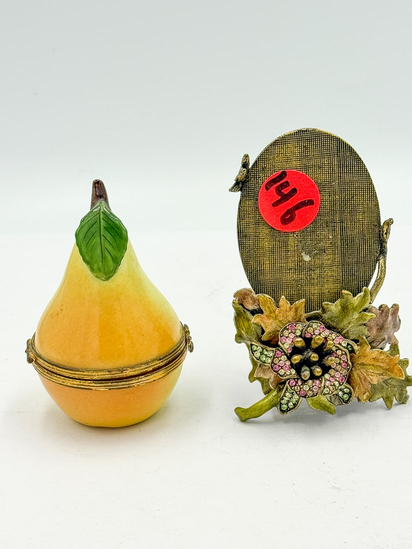 A JAY STRONGWATER FRAME AND A RICHARD LIMOGES PEAR SHAPED BOX, 3.5" T EACH (1 of 5)