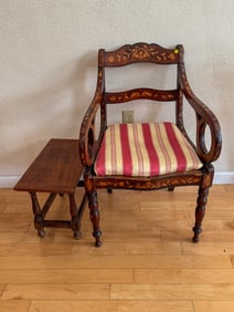 MARKETRY INLAID ARMCHAIR W/ STOOL/ SIDE TABLE, 22" X 24" X 34" CHAIR AND 20" X 11" X 14.5" STOOL