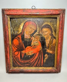 NICOLO ZAFURI(AFTER) IKON MADONNA W/ CHILD AND JOHN THE BAPTIST 15TH CENTURY OIL ON BOARD, 16.5" X