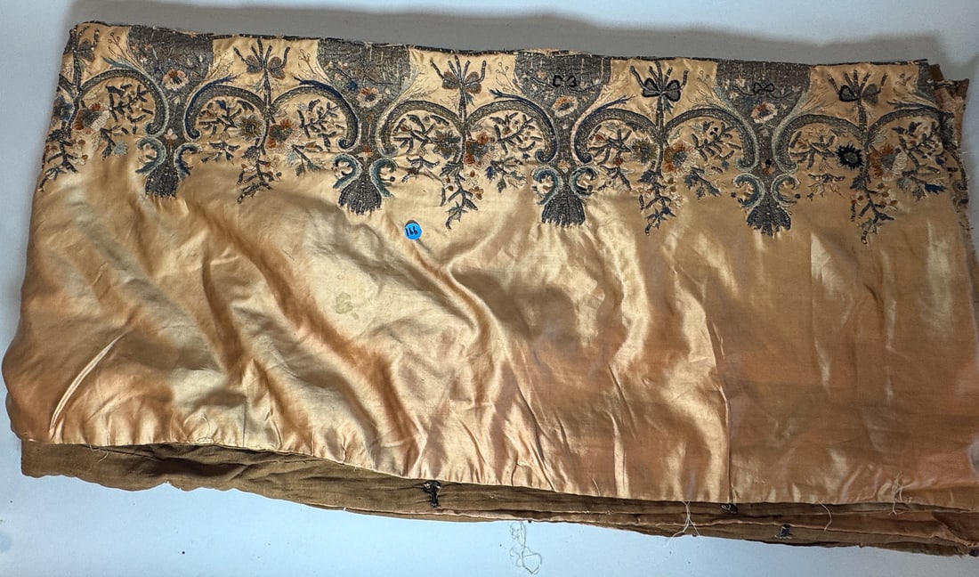 AN 8' LONG CHINESE 19TH CENTURY EMBROIDERED FABRIC PANEL, 164" X 19": AN 8' LONG CHINESE 19TH CENTURY EMBROIDERED FABRIC PANEL, 164" X 19"