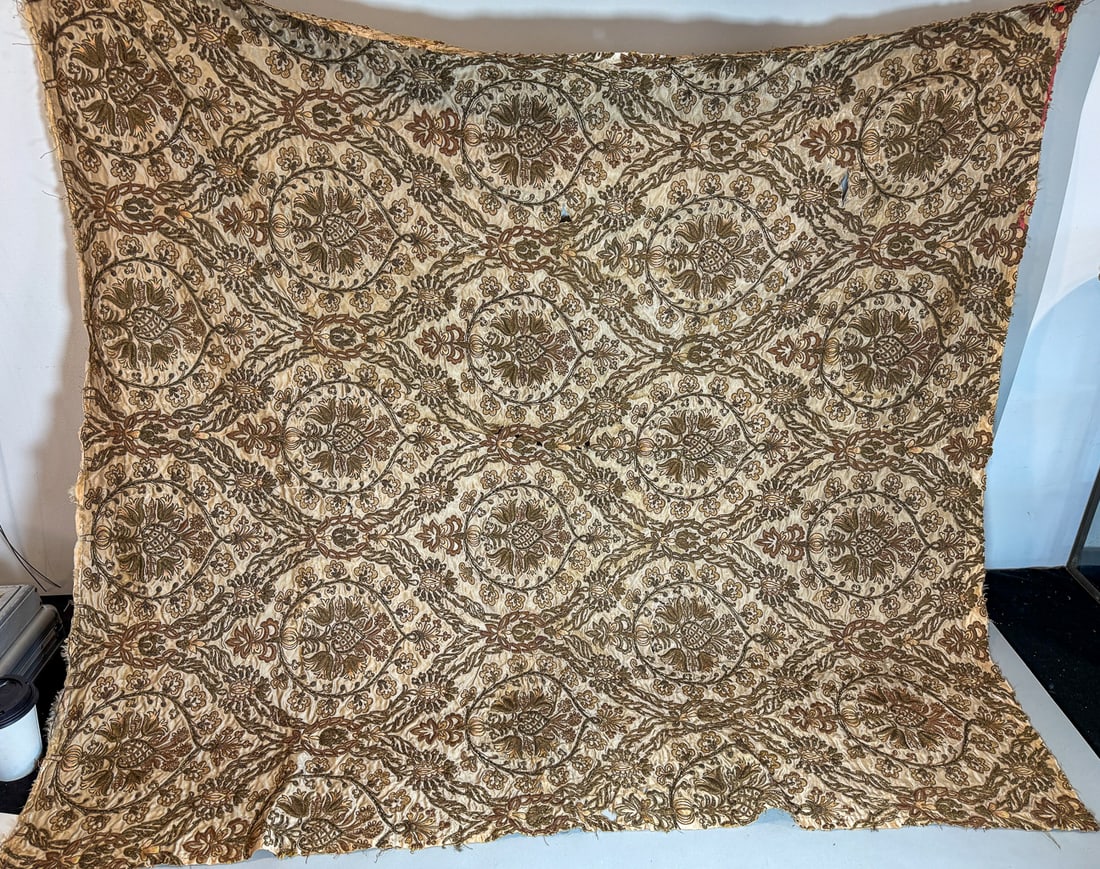 A HEAVILY EMBROIDERED 19TH CENTURY TAPESTRY PANEL, 100" X 100" (1 of 4)