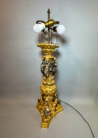 18TH CENTURY GILTWOOD ITALIAN BALUSTER LAMP W/ PUTTOS AND SIRENS, 26.5" BALUSTER ONLY. LOSSES