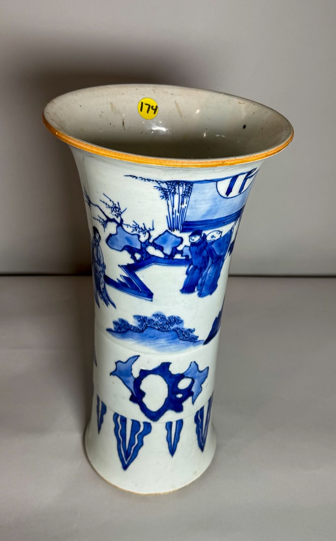 QING DYNASTY BLUE AND WHITE GU VASE, 8" X 15.25": QING DYNASTY BLUE AND WHITE GU VASE, 8" X 15.25"