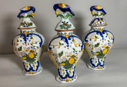 3 POLYCHROME DELFT 19TH CENTURY JARS, 6.5" X 5" X 14"