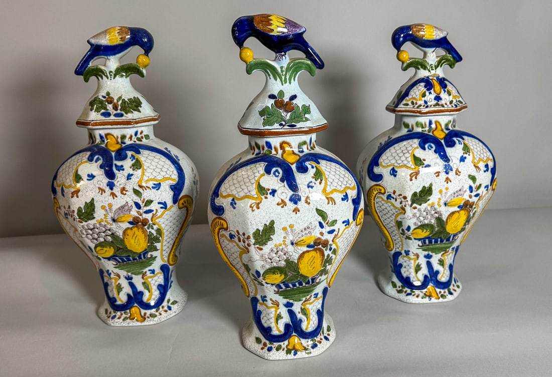 3 POLYCHROME DELFT 19TH CENTURY JARS, 6.5" X 5" X 14" (1 of 6)