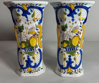 A PAIR OF 19TH CENTURY DELFT POLYCHROME VASES, 6" X 5" X 10"